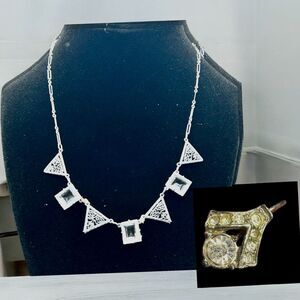 Art Deco Filigree Necklace Earrings Set Faceted Link Silvertone - Needs Repair